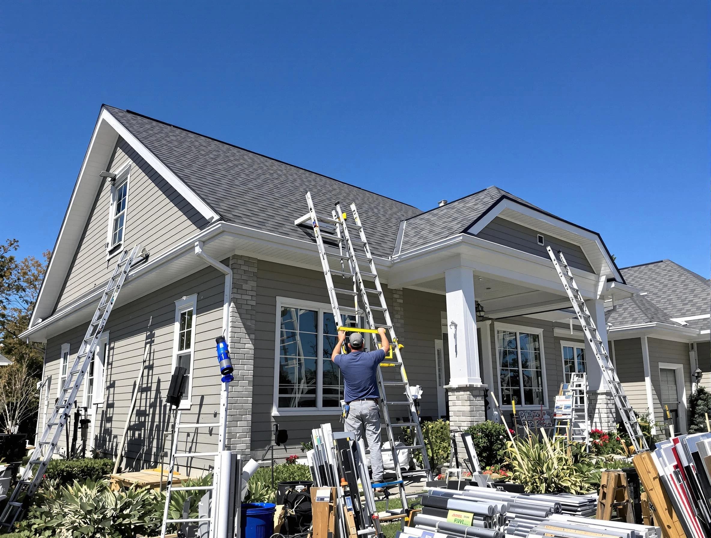 Barberton Roofing Company fitting rain gutters at a home in Barberton, OH